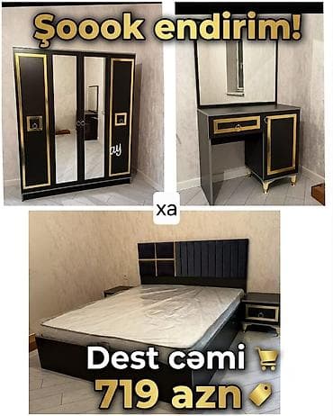 Yataq otağı mebel dəsti - Rəng: qara, qızılı dekor elementləri ilə -