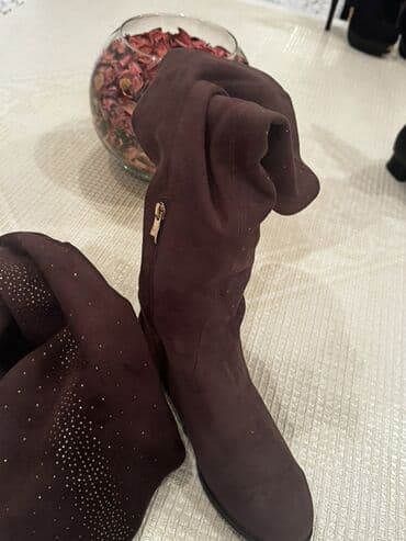 Сапоги: Qadın çəkmələri – tünd şabalıdı (bordo) rəng - Material: süet — 2