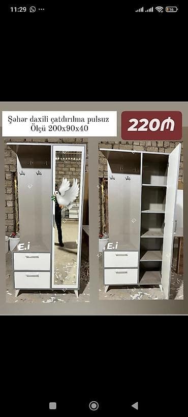 ref: Yeni, 1 qapı, Güzgülü, Ağ, Digər material, Açılan, Düz dolab — 1