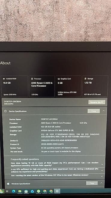 kompüter çanta: Salam Lenovo Legion T5 Ryzen 5 3600 Nvidia gtx 1660 super 16gb ram — 8