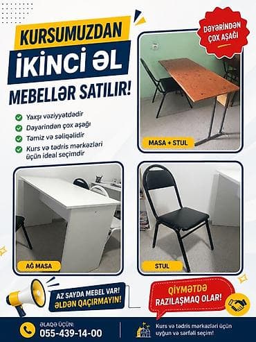 metbex stol: Kursumuzdan ikinci əl mebellər satılır. Təsvir: - Masa + stul dəsti - — 1