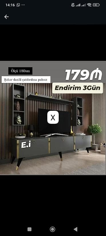 tibbi ref: TV/stend dəsti – müasir dizayn - Ölçü: 180 sm - Rəng: tünd boz — 1