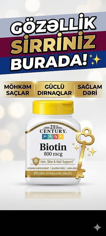 Məhsul: 21st Century Biotin 800 mcg – saç, dəri və dırnaq dəstəyi