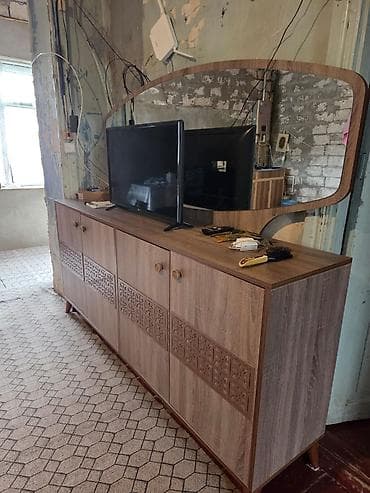 stenka mebel: Aynalı taxta komod və TV stendi dəsti - Material: ağac fakturalı — 1