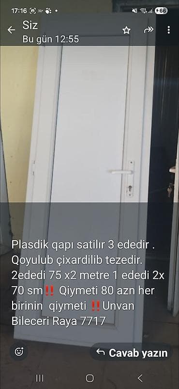 pilasdik qapi: Plastik qapılar - Sayı: 3 ədəd - Quraşdırılıb çıxarılıb - Ölçülər: - — 1