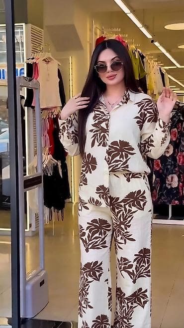 oversize tshirt: Qadın iki hissəli dəst – köynək və şalvar - Rəng və naxış: Açıq krem — 1