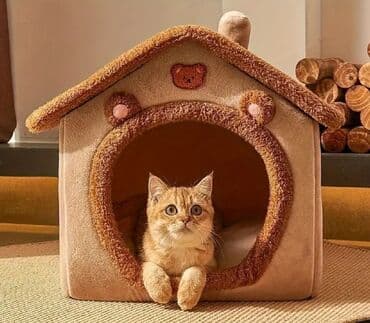 Pişiklər üçün yumşaq qapalı ev - Material: xəz effektli yumşaq parça