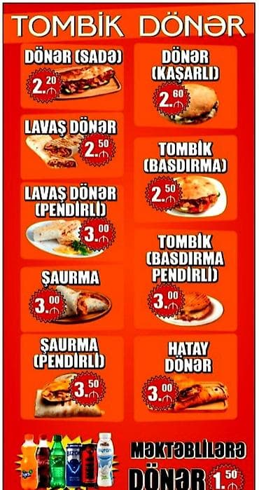 irandan sifariş: Tombik Donər – Valeh Usta Menyu: - Donər (sadə) – 2.20 ₼ - Donər — 5