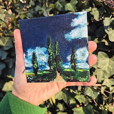 Velosiped ehtiyyat hissələri: Mini akril boya tablo – “Səksərən səmalar və selvi ağacları” - Ölçü — 5