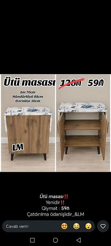 utu masa: Ütü masası – şkaflı model Variant 1: - Ölçülər: eni 55 sm, hündürlüyü — 2