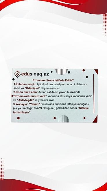 Мебельные услуги: Edusinaq.az aktivasiya/promokod kartı – 5₼ nominal Məhsul təsviri: - — 2