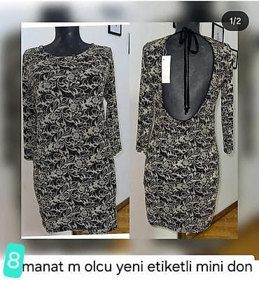 mini geyim: - Mini don, M ölçü - Rəng: qara üzərində bej naxışlı parça - Model: ön — 1