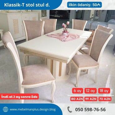 Masa və oturacaq dəstləri: Qonaq otağı üçün, Yeni, Açılan, Kvadrat masa, 6 stul — 6