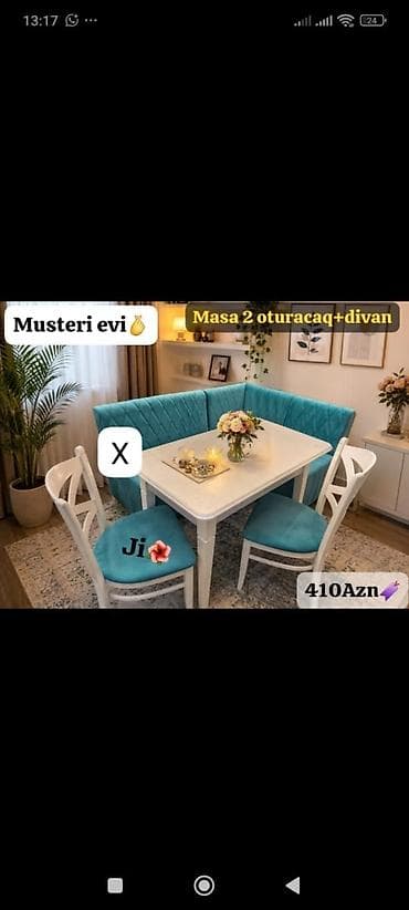 stol ustul: Mətbəx/nahar dəsti — masa + 2 ədəd stul + divan künc - Rəng: ağ masa — 1