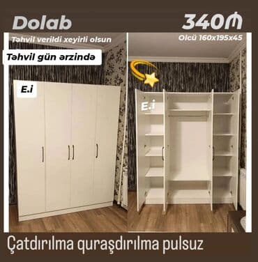 Dolablar: Yeni, Açılan, 4 qapılı Düz dolab, Qarderob, paltar dolabı, Azərbaycan