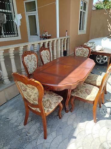 Klassik üslubda yemək masası və 6 ədəd stul dəsti. - Material: təbii — 1