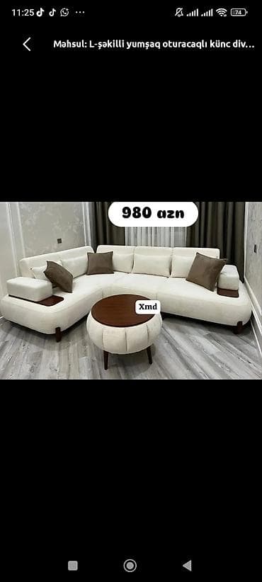 L-şəkilli yumşaq oturacaqlı künc divan dəsti - Rəng: açıq krem — 1