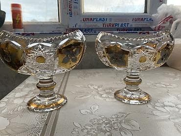 meyvə qablari: Kəsmə naxışlı kristal şirniyyat qabları (2 ədəd) - Material: qalın — 3