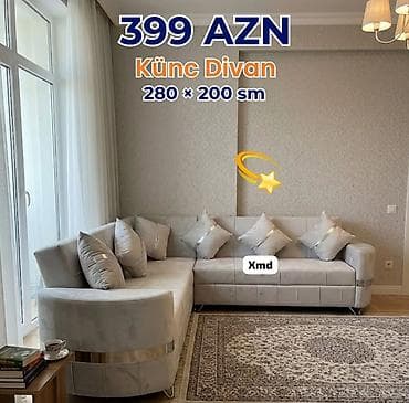 ucuz künc divan: Künc Divan – 280 × 200 sm Qiymət: 399 AZN - Rahat L formalı dizayn — 1