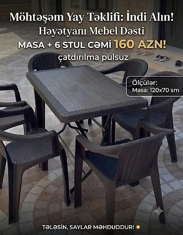 Yeni, Dördbucaq masa, 6 stul, Qatlanan, Stullar ilə, Həsir toxunuşlu lalafo.az -da Yeni, Dördbucaq masa, 6 stul, Qatlanan, Stullar ilə, Həsir toxunuşlu