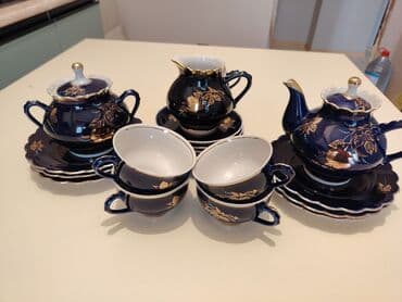 Çay dəsti, rəng - Göy, Farfor, 6 nəfərlik