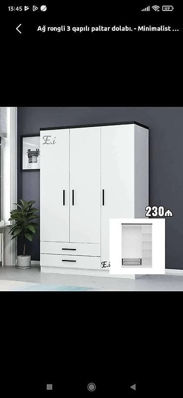paltar şkafları: Ağ rəngli 3 qapılı paltar dolabı – minimalist dizayn. Xüsusiyyətlər — 1