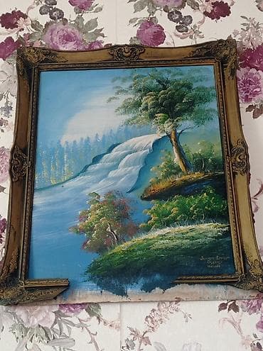 Şamdanlar: Rəsm əsəri – Şəlalə mənzərəsi, yağlı boya, çərçivəli - Mövzu: təbii — 1