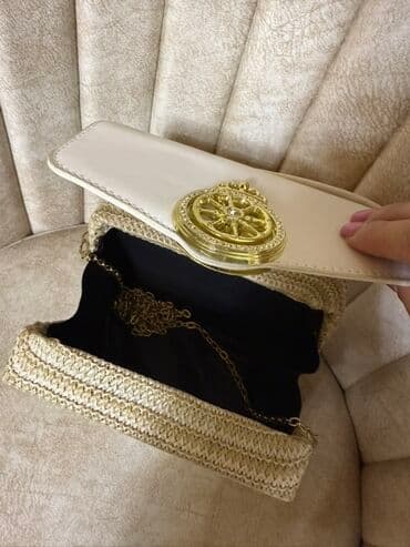 qaşlı çanta: Zərif dizaynlı qadın çantası - Rəng: krem-ağ üst hissə, bej/hasır — 3