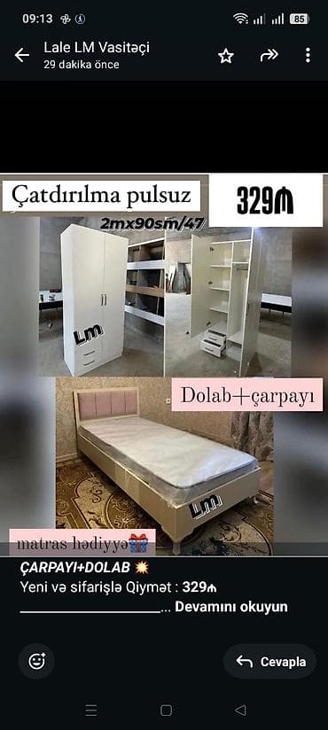 yataq dəsdləri: _*ÇARPAYI+DOLAB*_ 💥 Yeni və sifarişlə Qiymət : *329₼* — 1