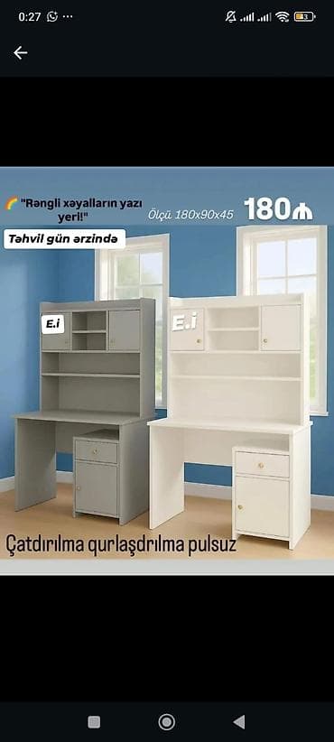 3d defter: Uşaq/yeni yetmə üçün yazı masası vitrinli modellər Ölçü: 180×90×45 sm — 1