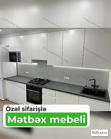 Özəl sifarişlə mətbəx mebeli - Minimalist, müasir dizayn: ağ, hamar