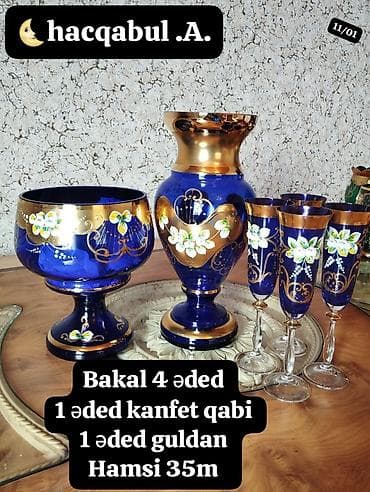 Mavi-kobalt şüşədən hazırlanmış zərif dəst: - 4 ədəd şampan bakalı - 1