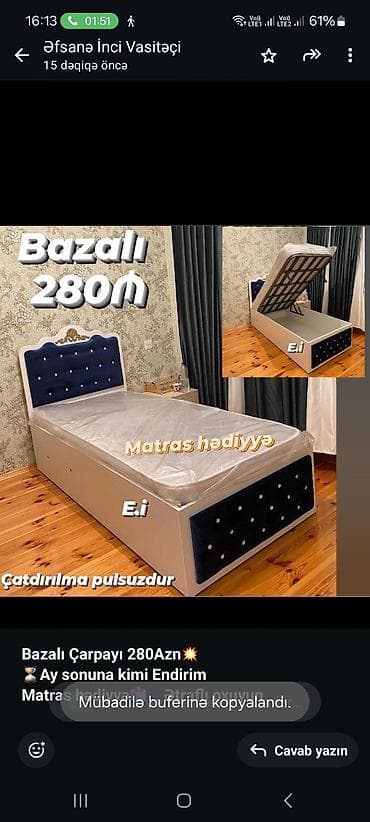 tek yataq krovati: Birnəfərlik, Bazalı, Pulsuz matras, Siyirməsiz — 1