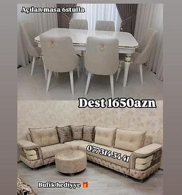 Dest mebel dəsti - Açılan masa + 6 ədəd stul: Ağ rəngli, yumru künclü