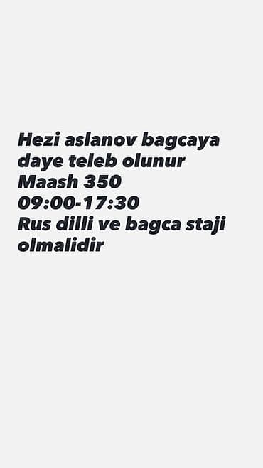 Hezi Aslanov ərazisində uşaq bağçasına dayə tələb olunur. - İş
