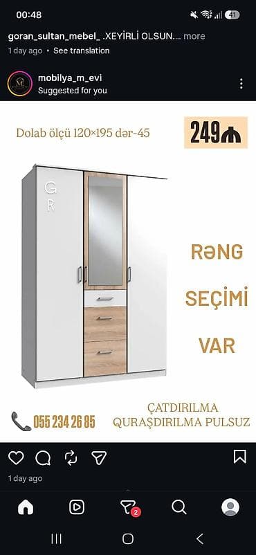 Üç qapılı paltar dolabı – ölçü 120×195 sm, dərinlik 45 sm. Orta
