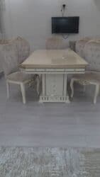 Masalar: Qonaq otağı üçün, İşlənmiş, Açılan, Dördbucaq masa, 6 stul — 4