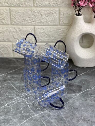 turk pastel destleri: Çay dəsti, rəng - Göy, Şüşə, 6 nəfərlik, Türkiyə — 1