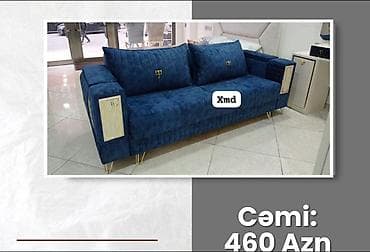 zerin mebel: Mavi məxməri parçadan göz alıcı divan. Müasir dizayn – qızılı rəngli — 1