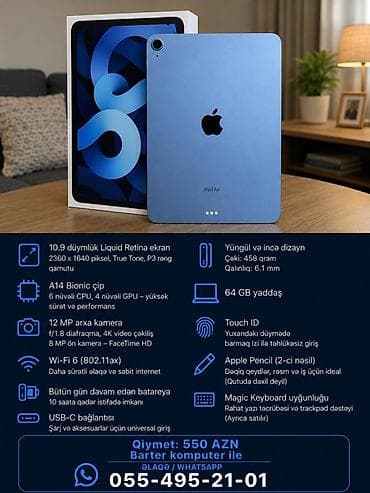 Apple iPad Air (mavi rəng) - 10.9 düymlük Liquid Retina ekran lalafo.az -da Apple iPad Air (mavi rəng) - 10.9 düymlük Liquid Retina ekran