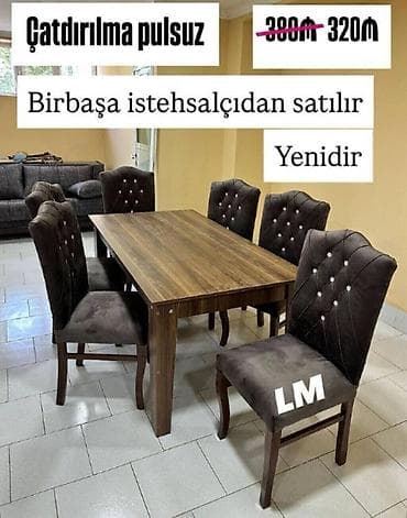 kafe ucun stol stullar: Masa 6 Stul dəsti Masa bağlı: 90×1.70+6stul: 320₼ Masa açılan  — 1