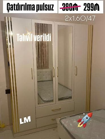 3 qapılı, Güzgülü, Ağ, Açılan, Düz dolab