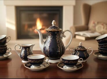 Çay dəsti, rəng - Göy, Farfor, Reichenbach, 6 nəfərlik, Almaniya