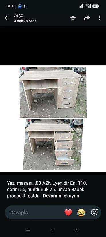 Yazı masası. 80 AZN . yenidir Eni 110, dərini 55, hündürlük 75. ünvan