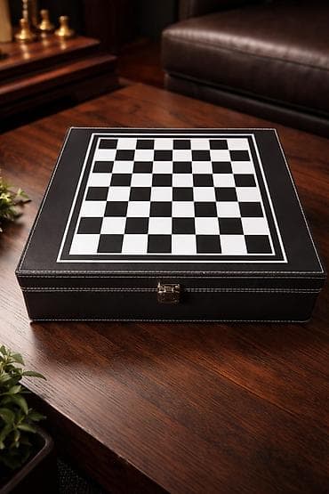 Şahmat taxtası və şərab aksesuarları seti - Qara dəri effektli — 2