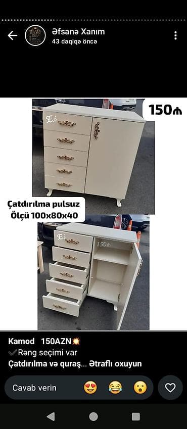 Komodlar: Kamod – 150 AZN Ölçü: 100×80×40 sm Çatdırılma pulsuz — 1
