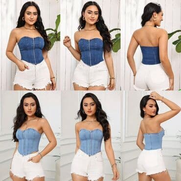 женские футболки и майки в полоску: Mavi rəngdə, büstiyer üslubunda, qabaqdan zəncirbəndli, cins — 1