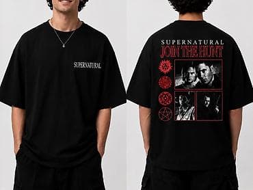 Məhsul: Supernatural temalı qara unisex T‑shirt - Rəng: tam qara, ön