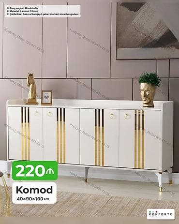 Komod – 40×90×160 sm - Dizayn: Ağ rəngdə, qızılı dekor zolaqları və — 1