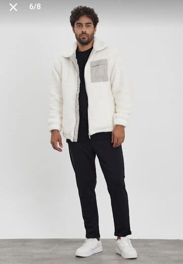 демисезонные кожаные мужские куртки: Kişi üçün boz detalı ağ şerpa/fleece jaket - Material: yumşaq və — 2